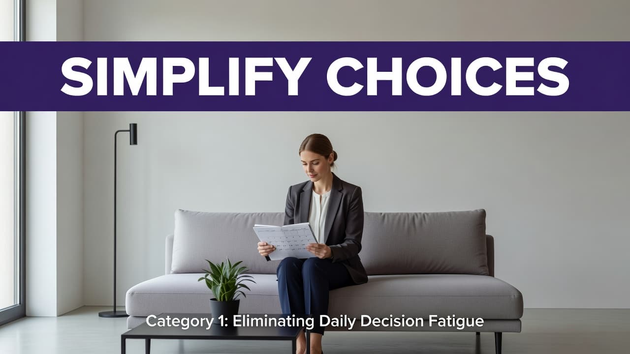 A woman sits in a sunlit modern living room, focused on a paper calendar held in her hands. A bold purple header above features the geometric sans-serif text Simplify Choices.