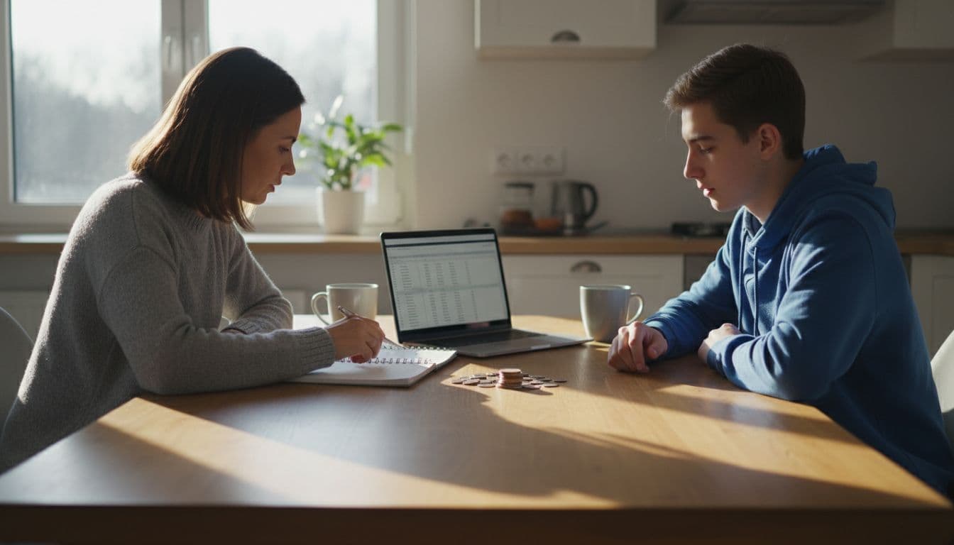 A parent and teenager at a kitchen table examine a budget notebook, laptop, and coins in a casual morning setting with sunlight, focusing on practical finance talk.
