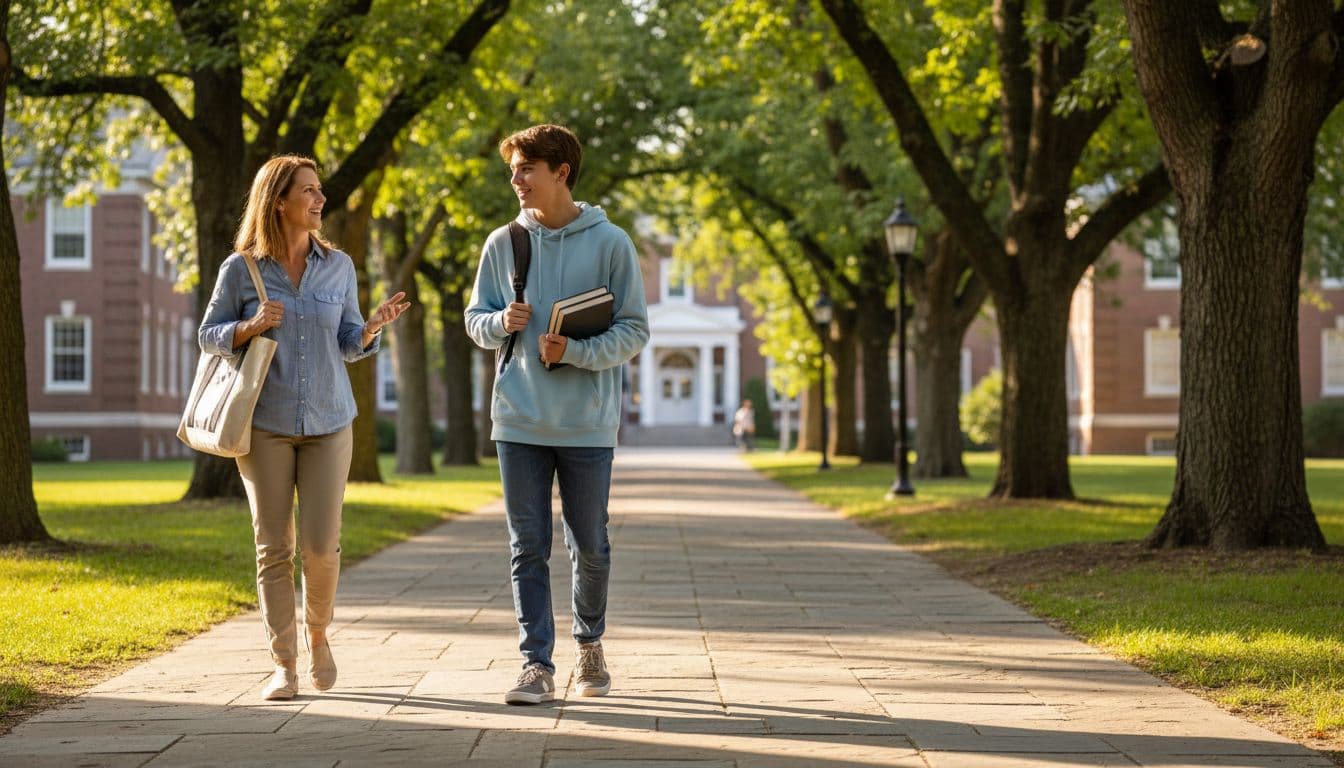 A teenager and parent walk together on a sunny college campus path lined with trees, carrying a backpack and tote bag while chatting casually in a realistic medium side shot with natural daylight.