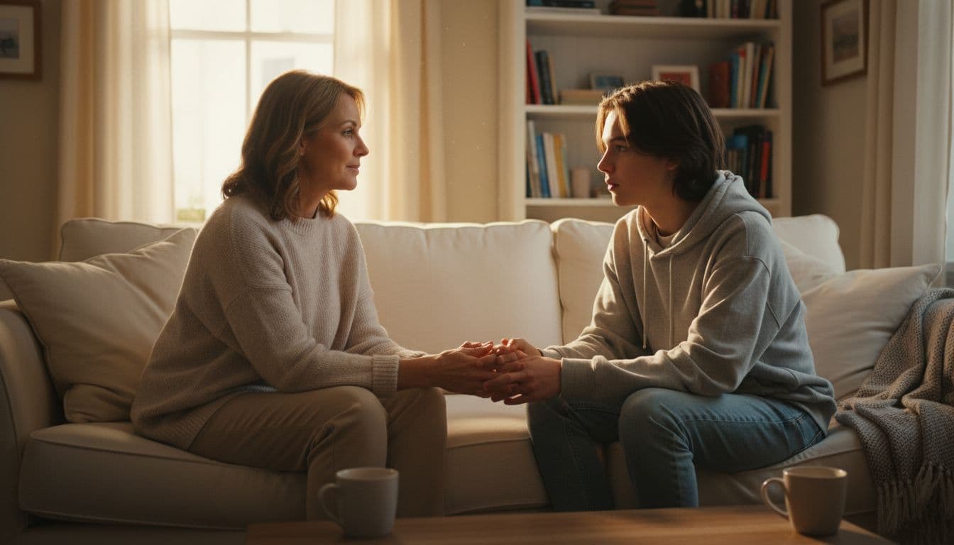 Middle-aged parent and teenager sitting together on a cozy living room couch engaged in a serious conversation, with soft natural lighting from a window in realistic photograph style.