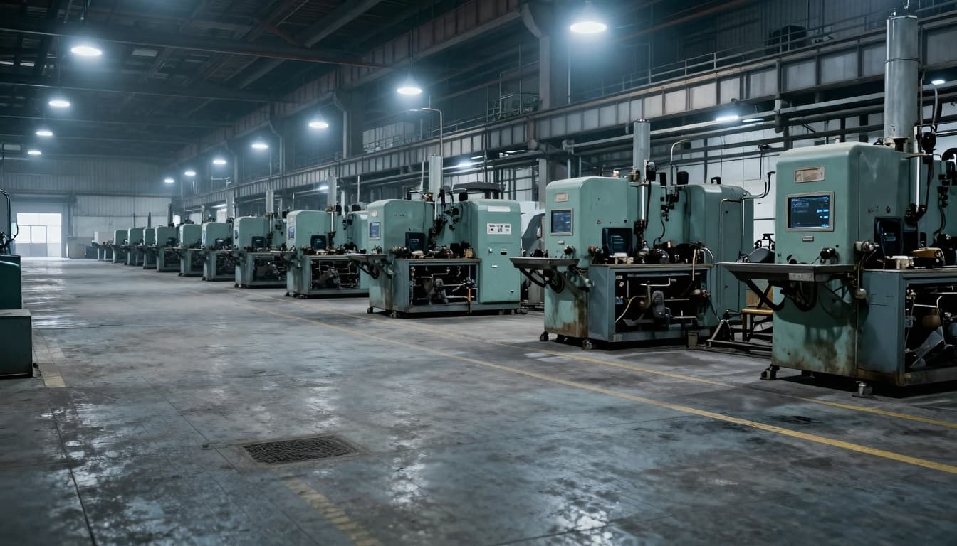 Empty factory floor with idle machinery symbolizing loss of manufacturing jobs