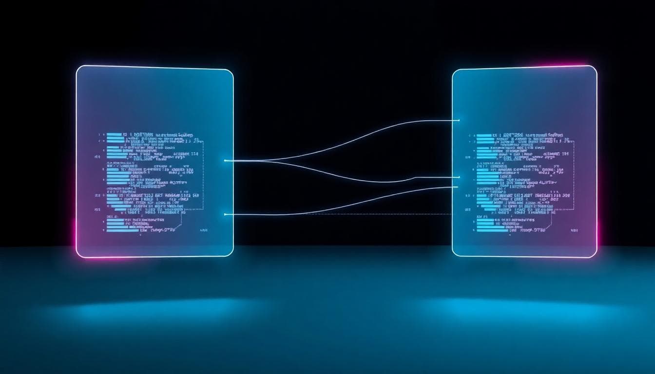 Abstract illustration of two AI systems syncing data between them