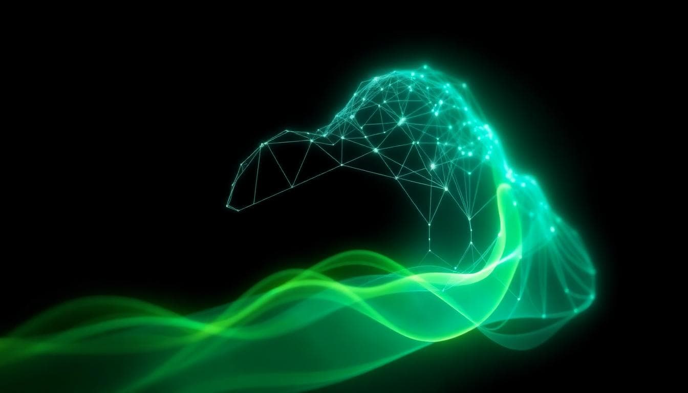 Abstract AI cloud with neural network mesh and glowing data lines