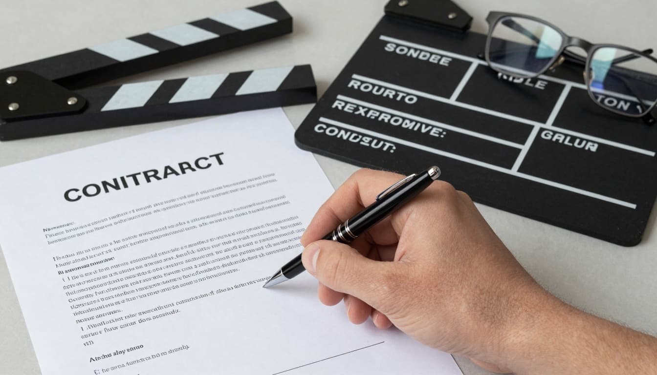 Contract document with a pen and film clapperboard, representing negotiation terms in Hollywood