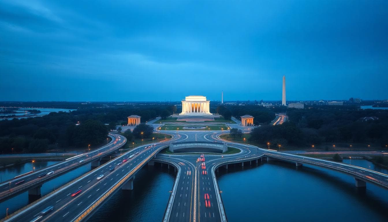 Aerial concept view integrating a proposed arch near Arlington Memorial Bridge at blue hour