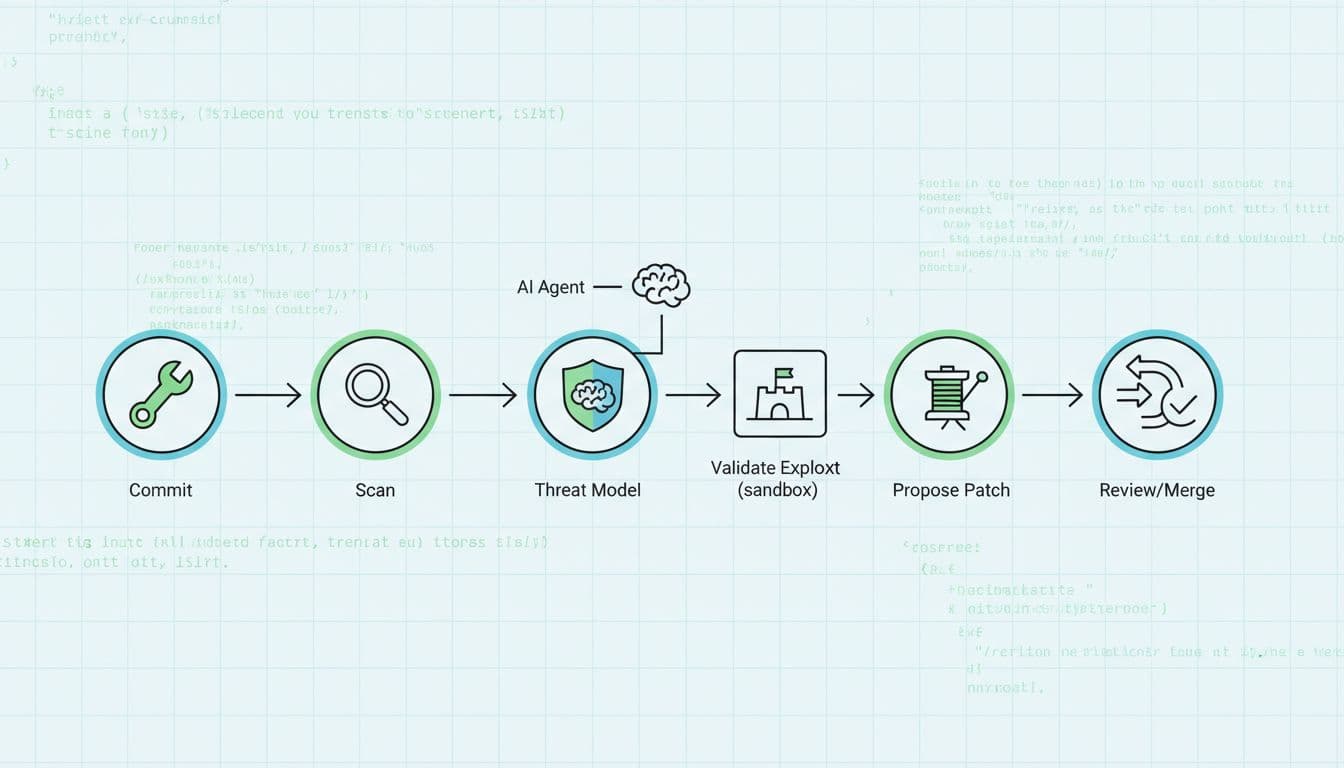 Diagram of Aardvark plugged into CI/CD pipeline monitoring commits, scanning code, and proposing patches