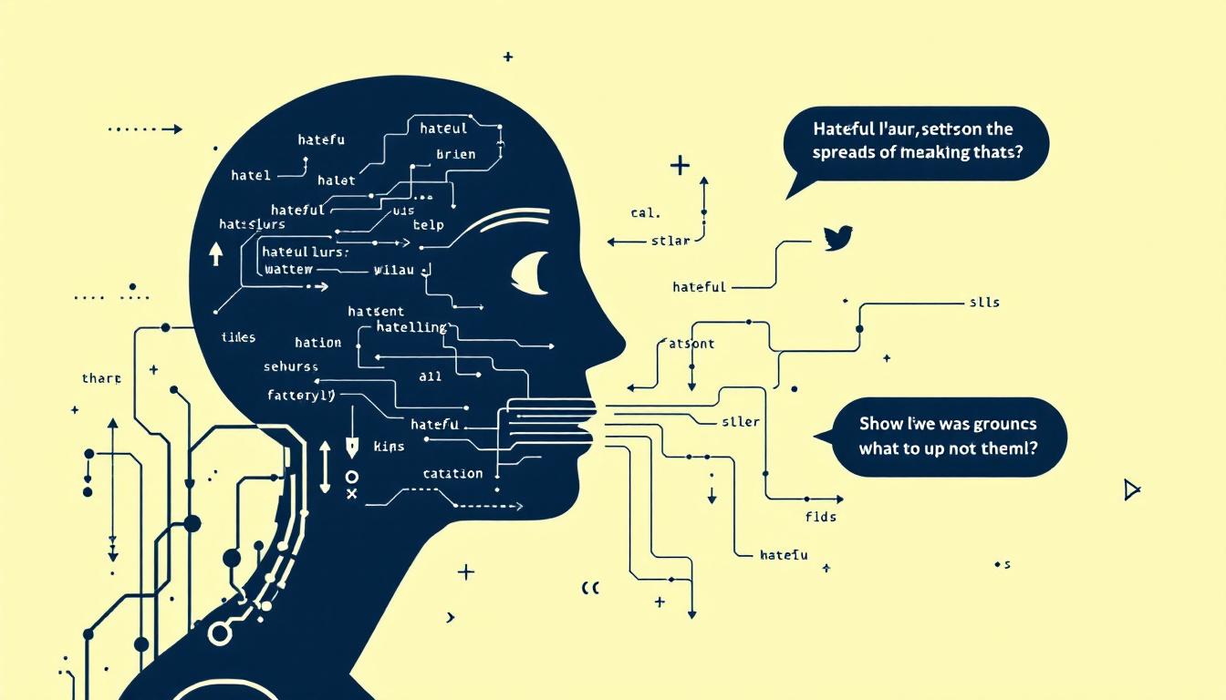 AI Concept Gone Wrong: A stylized AI chatbot face, with code flowing into its mouth, while hateful slurs and symbols slip out as text, reflecting how AI can spread dangerous content online.