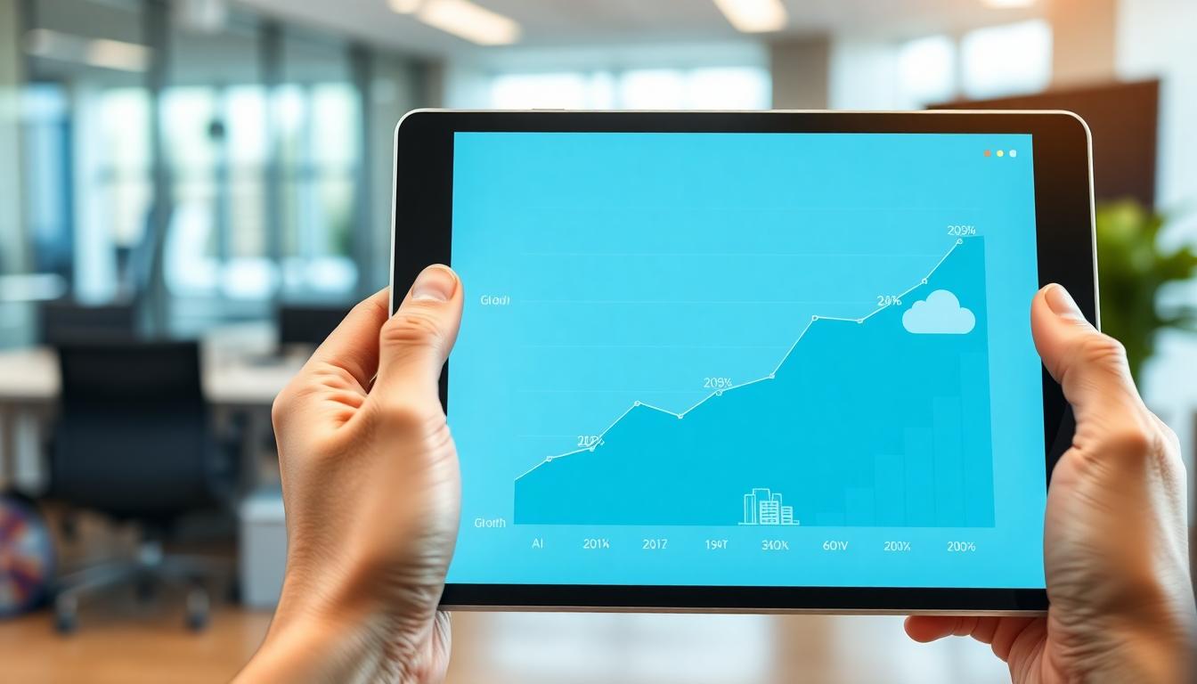 Analyst tablet showing AI and cloud growth curves with data center icons