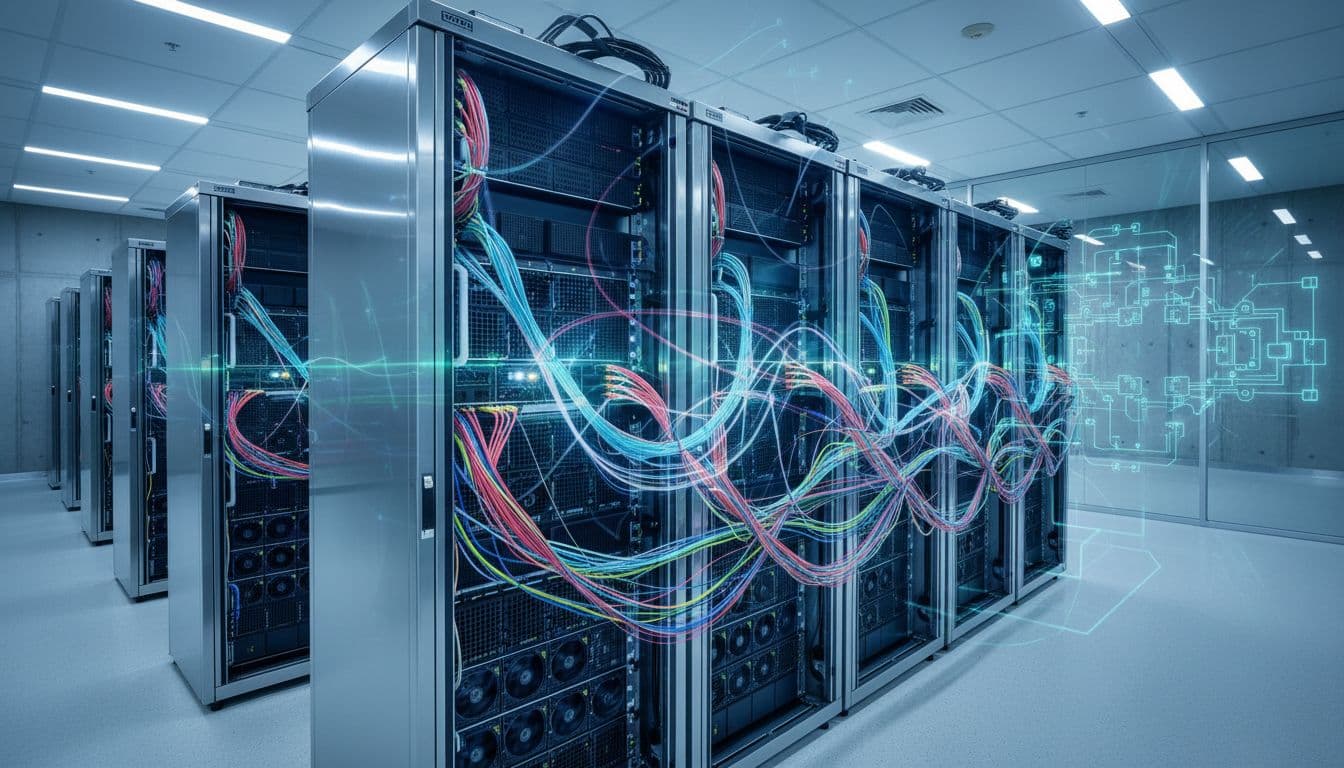 Hyper-realistic server racks with light trails showing data flow in an AI data center