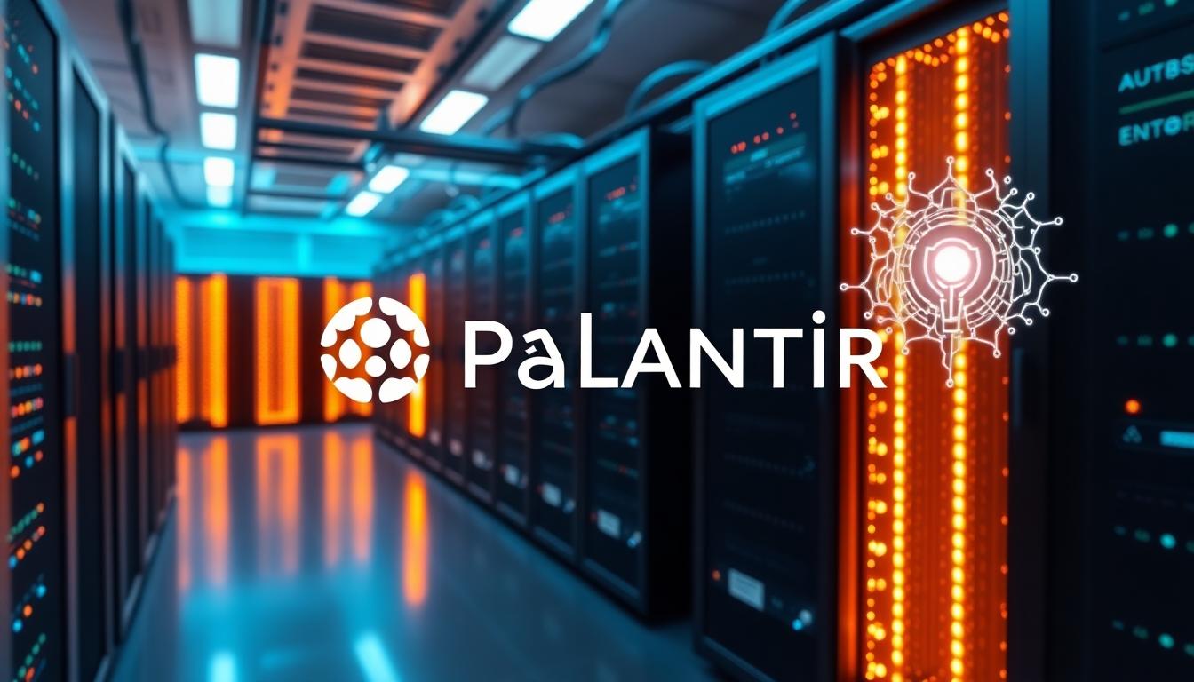 Palantir Stock Soars as AI Powers Record-Breaking Results 4 AI-powered data center interior, futuristic server racks with glowing lights, Palantir logo, visual cues of AI like neural network icons and digital waves