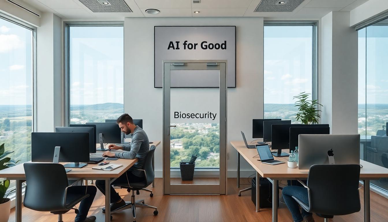 AI developers coding in a modern office, large “AI for Good” poster above their desks, a glass security door labeled 'Biosecurity' stands in the room, symbolizing oversight.