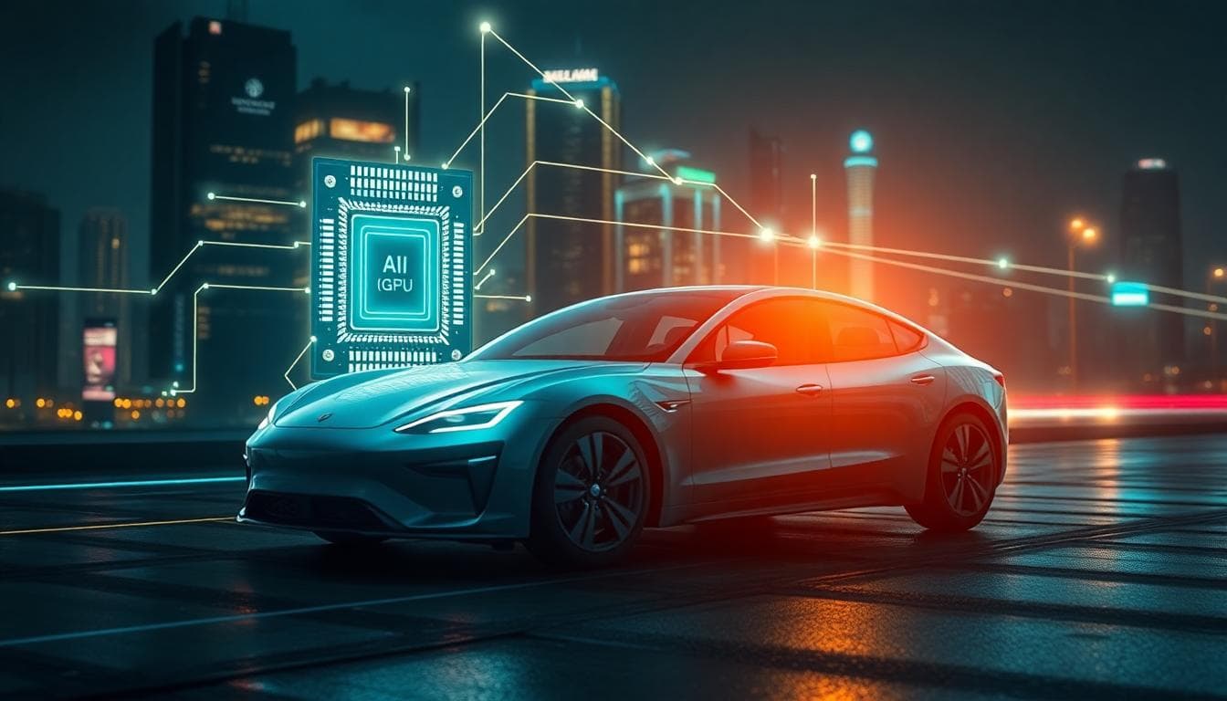Cinematic concept art with a glowing GPU, smartphone, and EV connected by data lines over a city at night