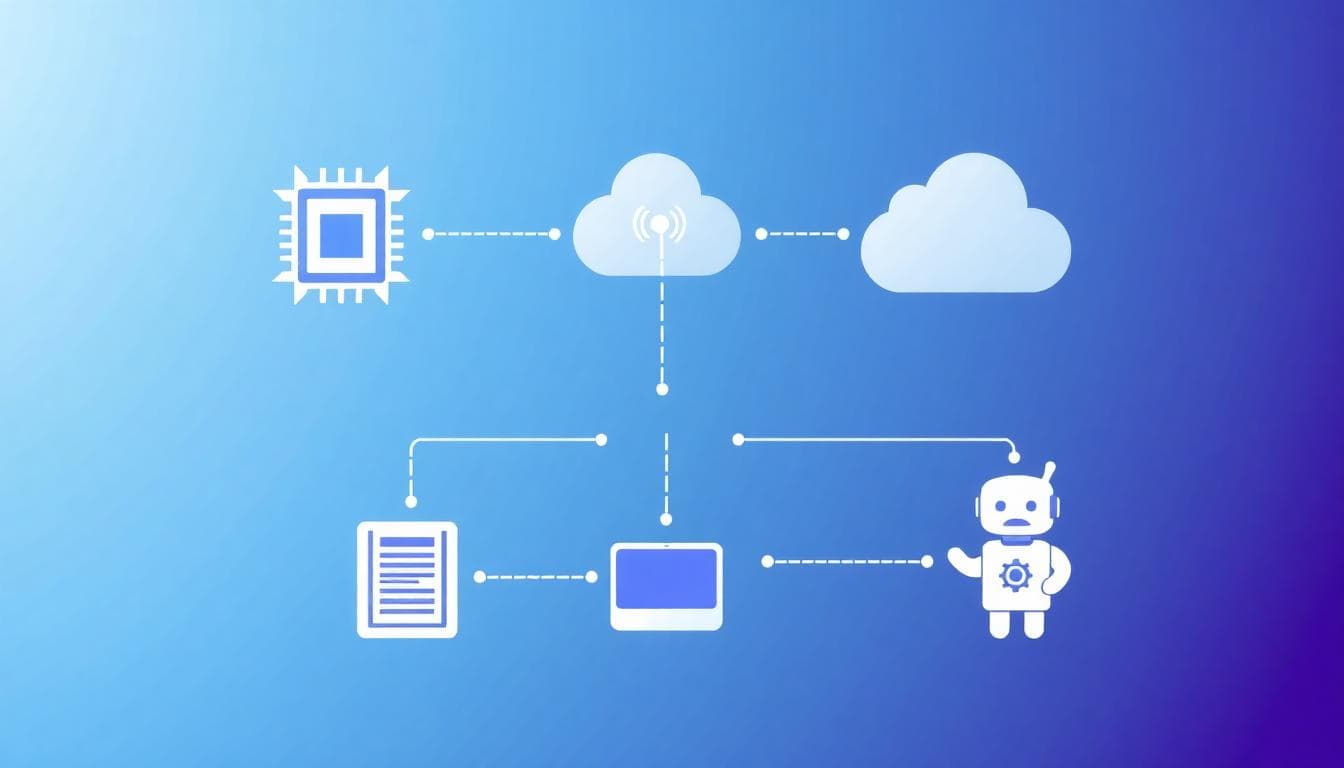 Illustration of an AI hardware ecosystem linking chips, devices, cloud, and chatbots