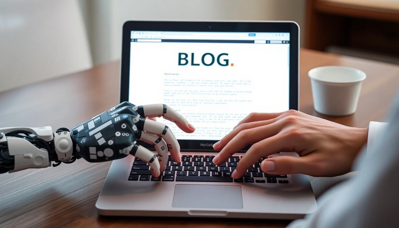 Image: A visual of AI and human hands working together over a blog post on a laptop, signifying AI integration with personal touch in modern blogging.