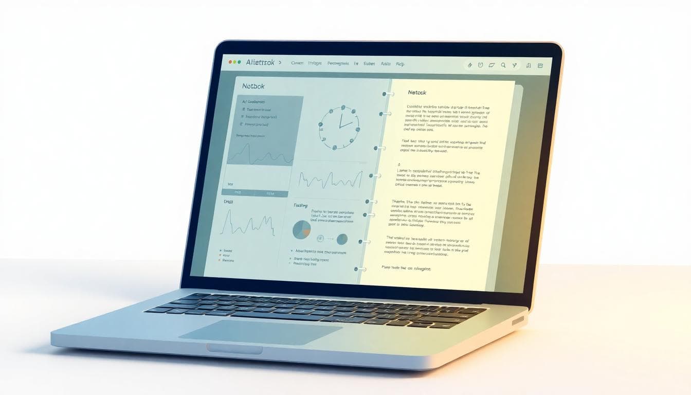 Concept illustration of an AI notebook app on a laptop with organized digital pages