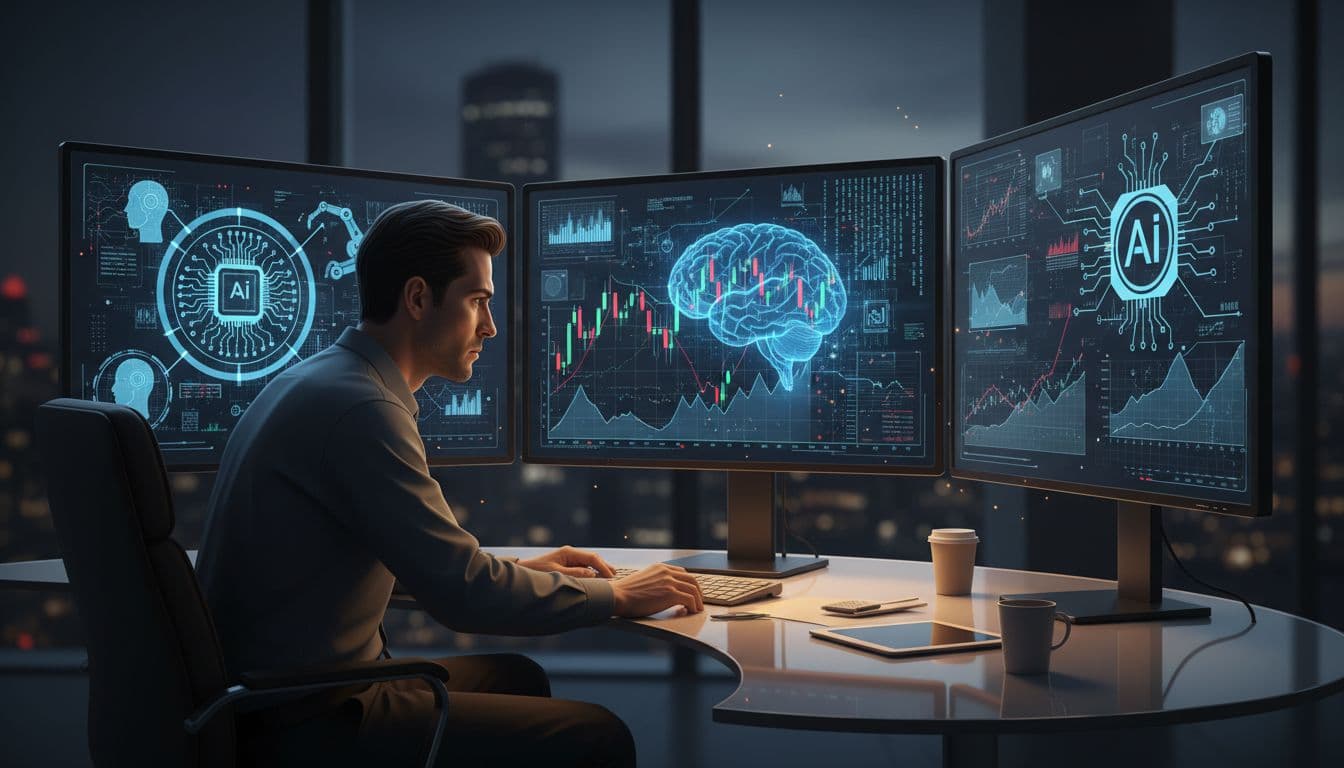 Investor viewing AI stock charts on multiple monitors