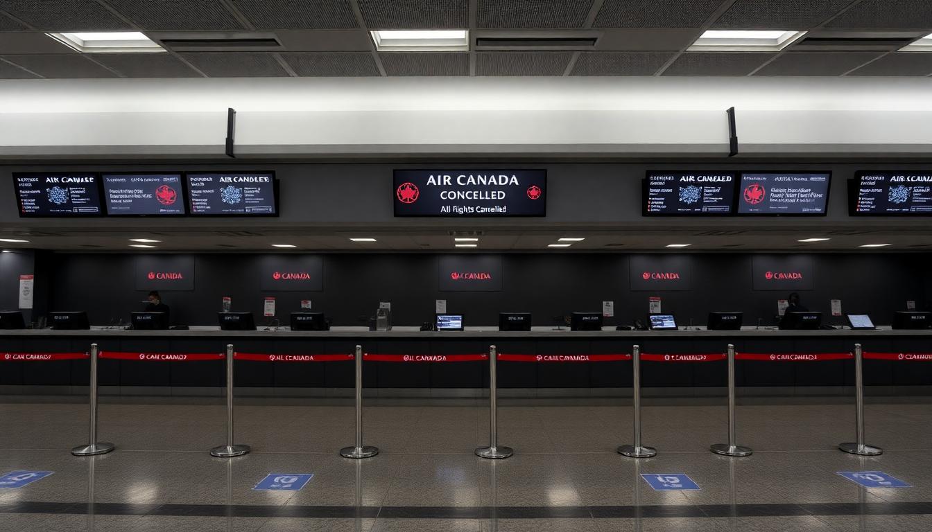 Image: Empty Air Canada check-in counters with “All Flights Cancelled”