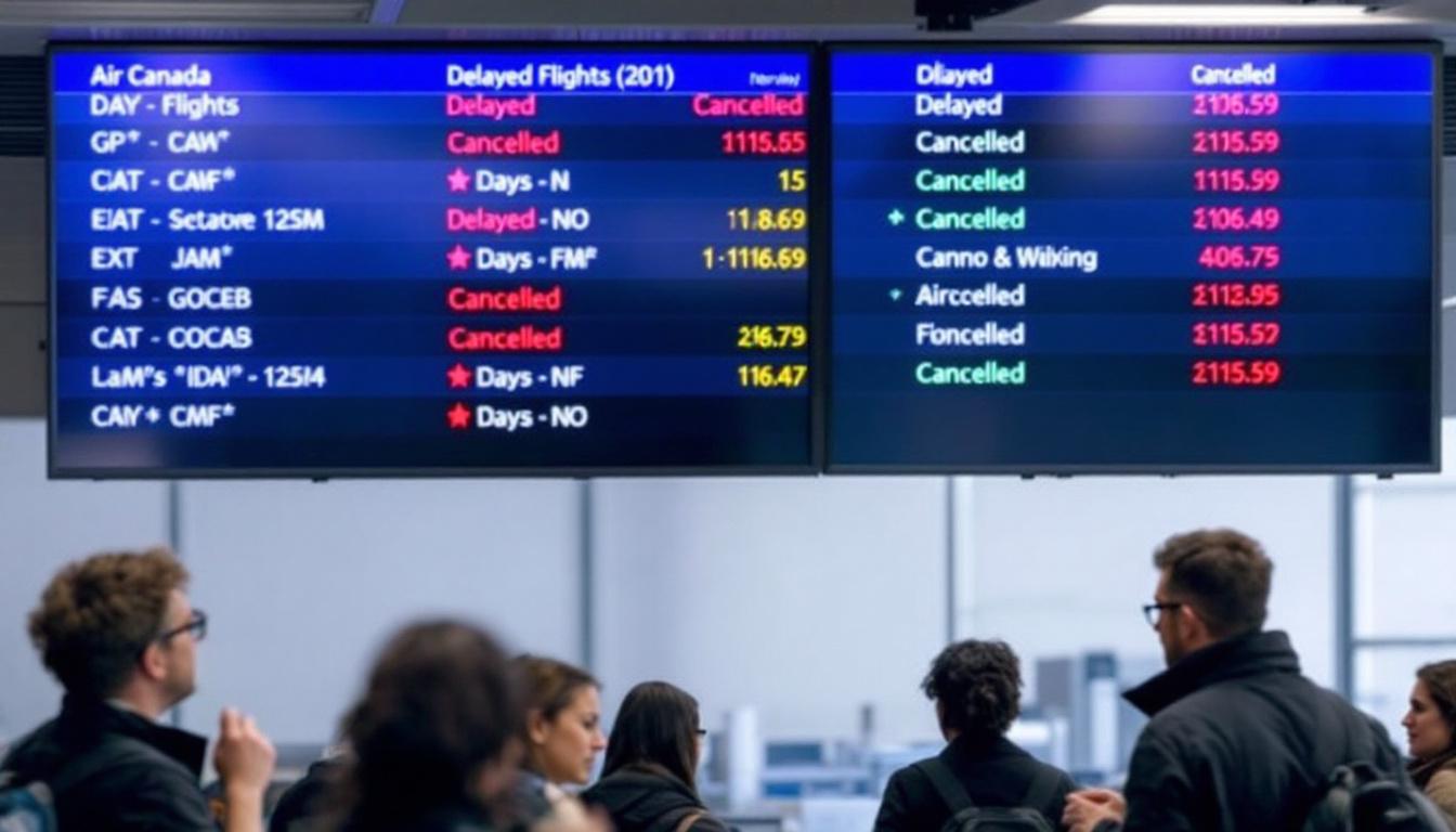 Air Canada Strike: Travelers Left Stranded as Labor Dispute Escalates 3 Flight board with Air Canada delays and cancellations