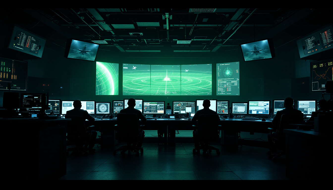 NORAD operations center with radar displays