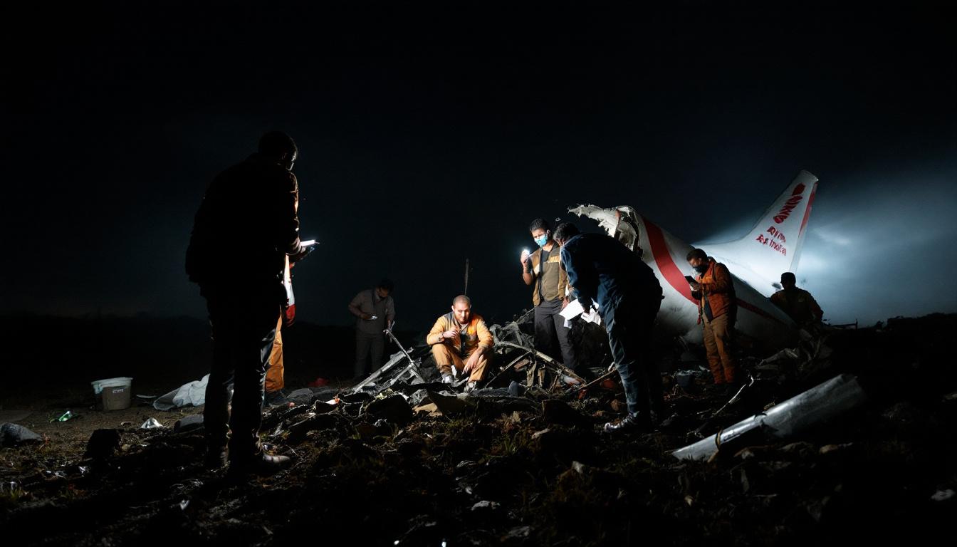 Crash investigation team examining aircraft wreckage at night, using flashlights and notepads, careful investigation taking place, Air India livery visible, somber mood.