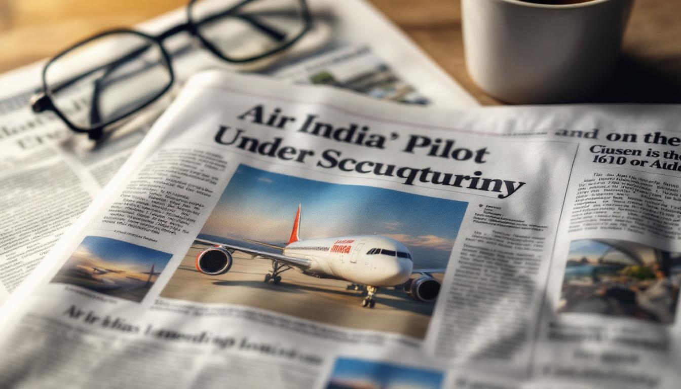 Close-up of a newspaper with headline 'Air India Pilot Under Scrutiny', coffee cup and glasses nearby, focus on international attention and public concern.