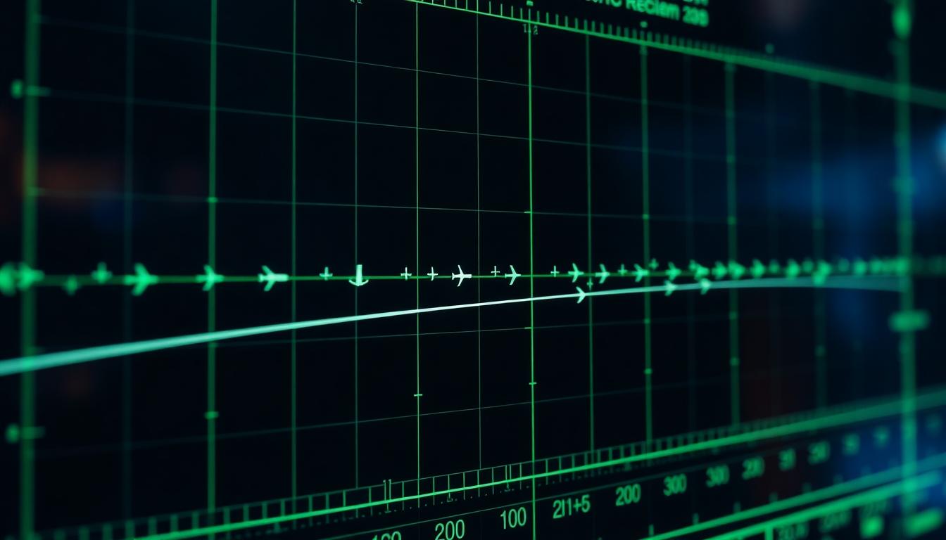 Air traffic control radar screen concept with aircraft blips in green tones
