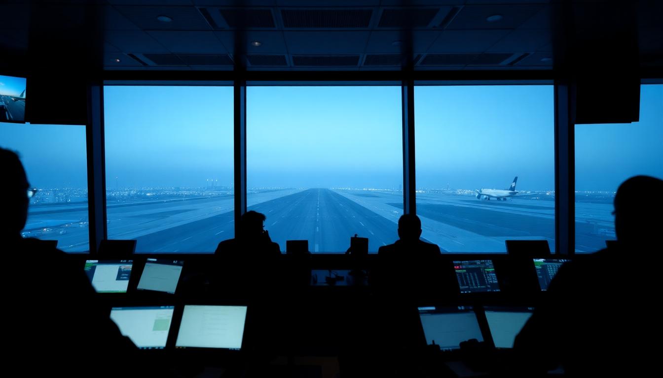 Silhouetted air traffic control tower interior with controllers at consoles during night operations