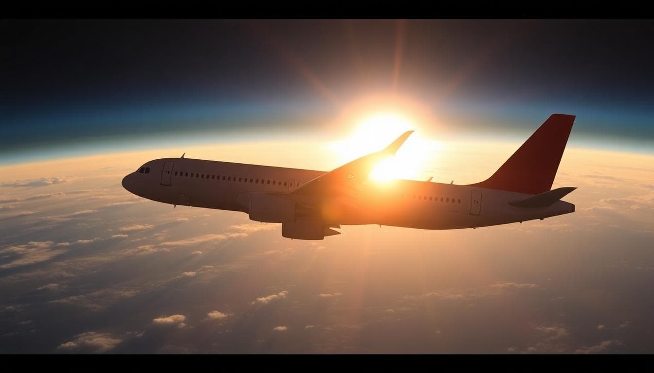Illustration of Airbus A320 silhouette flying above Earth with the sun emitting solar radiation in the background