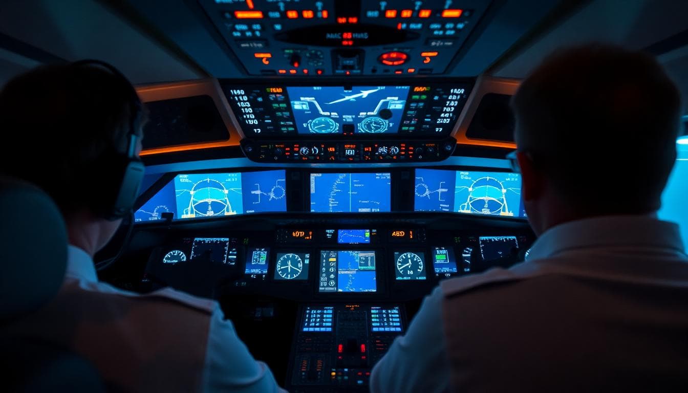 Modern Airbus cockpit interior with digital flight control displays turned on