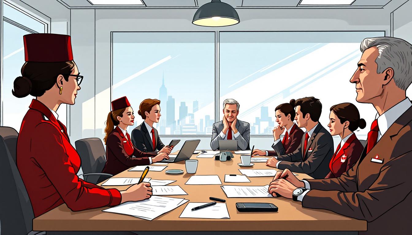 Image: Air Canada flight attendants and union officials negotiate with management