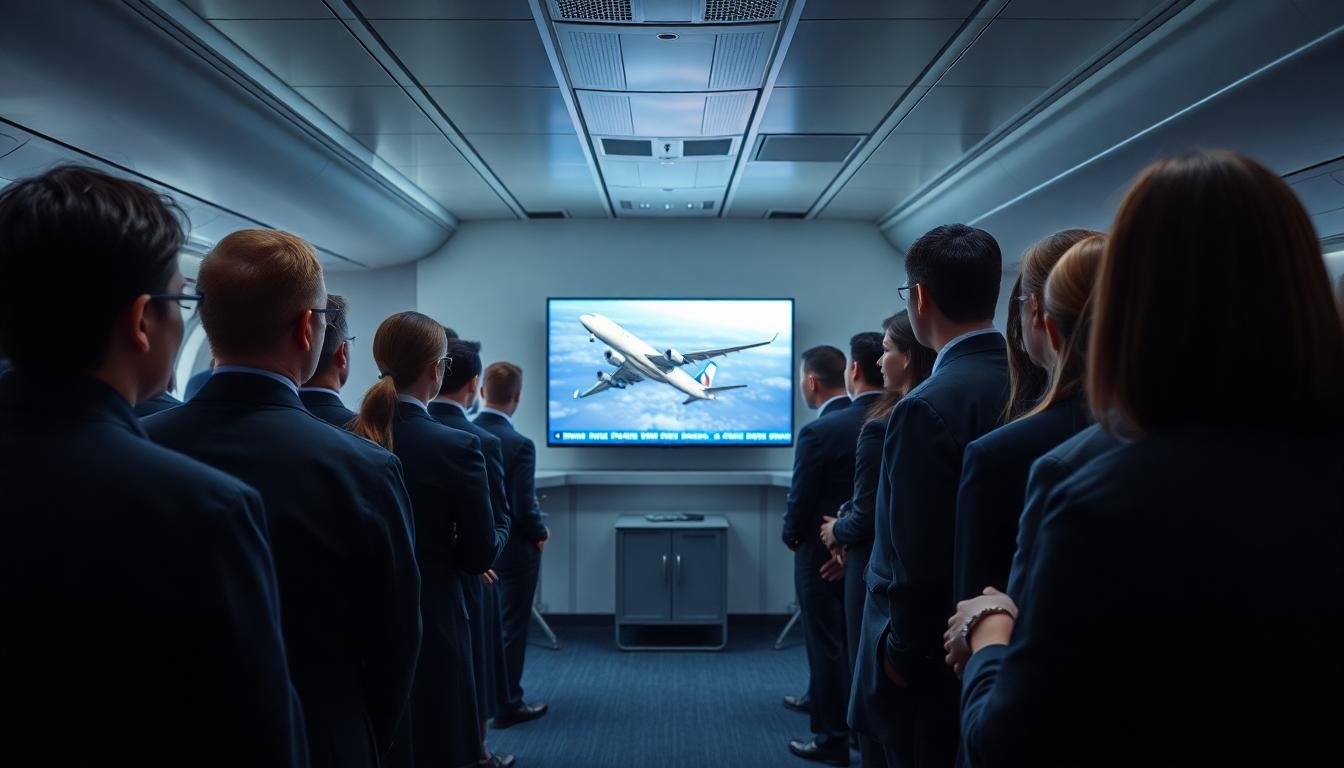 Airline crew gathered in a break room, uniforms slightly wrinkled, watching televised news coverage about an air crash, anxious and somber atmosphere.