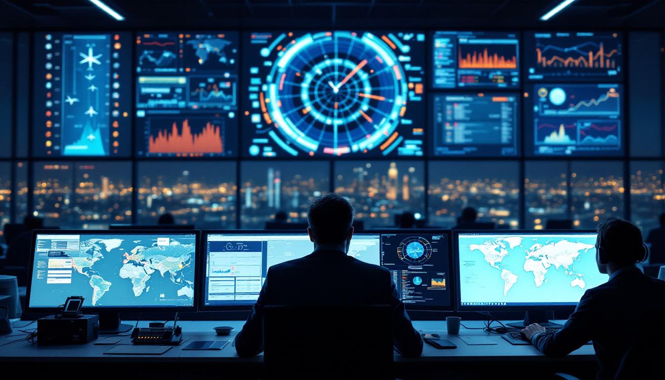 Airline IT operations center, night, glowing flight tracking screens and radar, staff monitoring urgent situation, digital maps and warning icons, realistic workplace