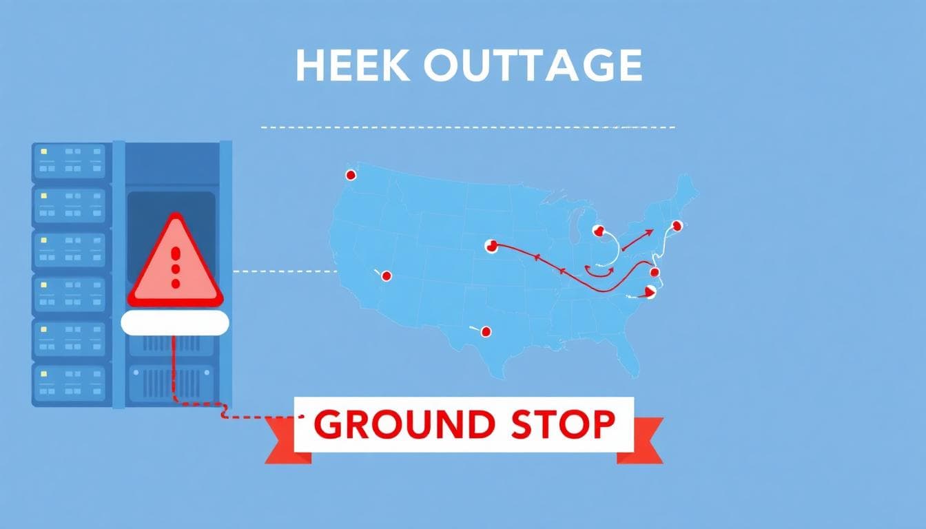 Alaska Airlines Grounds Flights Nationwide After Tech Outage; Operations Resume With Delays 2 Illustration of a network outage affecting an airline, with data center racks and paused flight paths.