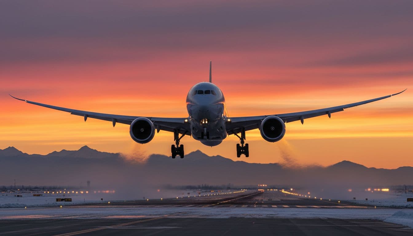 Airliner taking off from a snowy Denver runway at sunset with mountains in the background