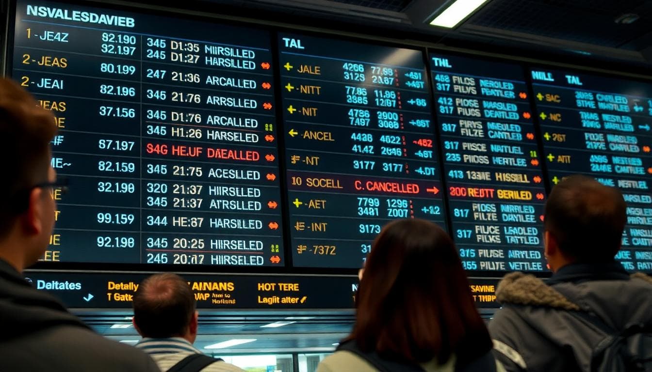 Travelers looking at a departures board with delays and cancellations