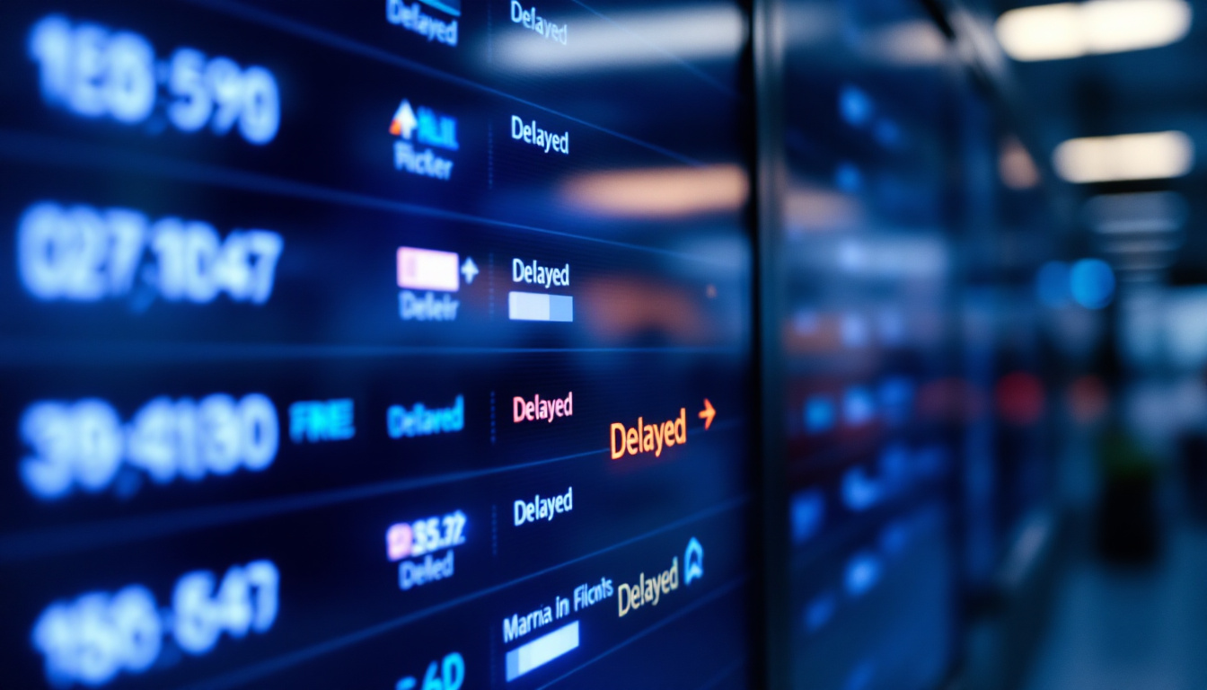 Close-up of an airport departures board showing delayed flights