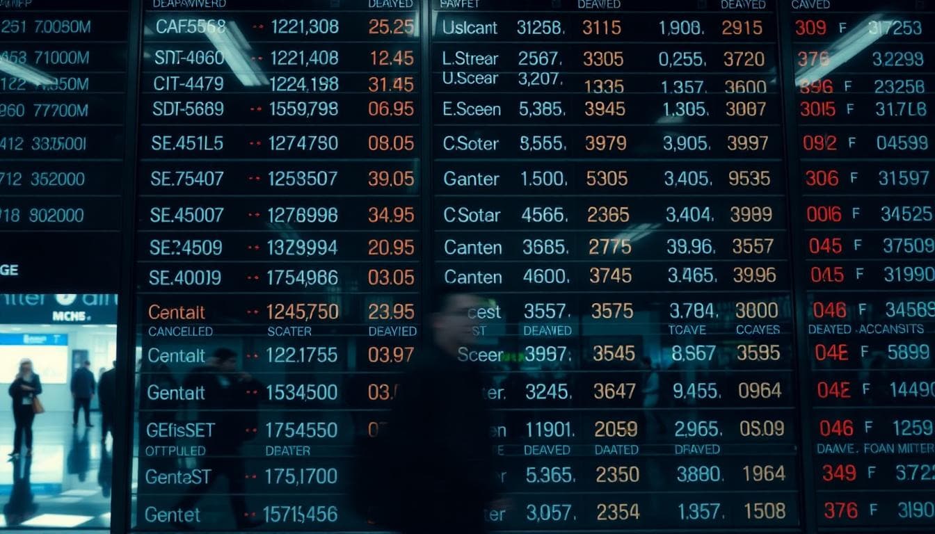 Alaska Airlines Grounds Flights Nationwide After Tech Outage; Operations Resume With Delays 3 Close-up of an airport departures board showing several delays and cancellations.