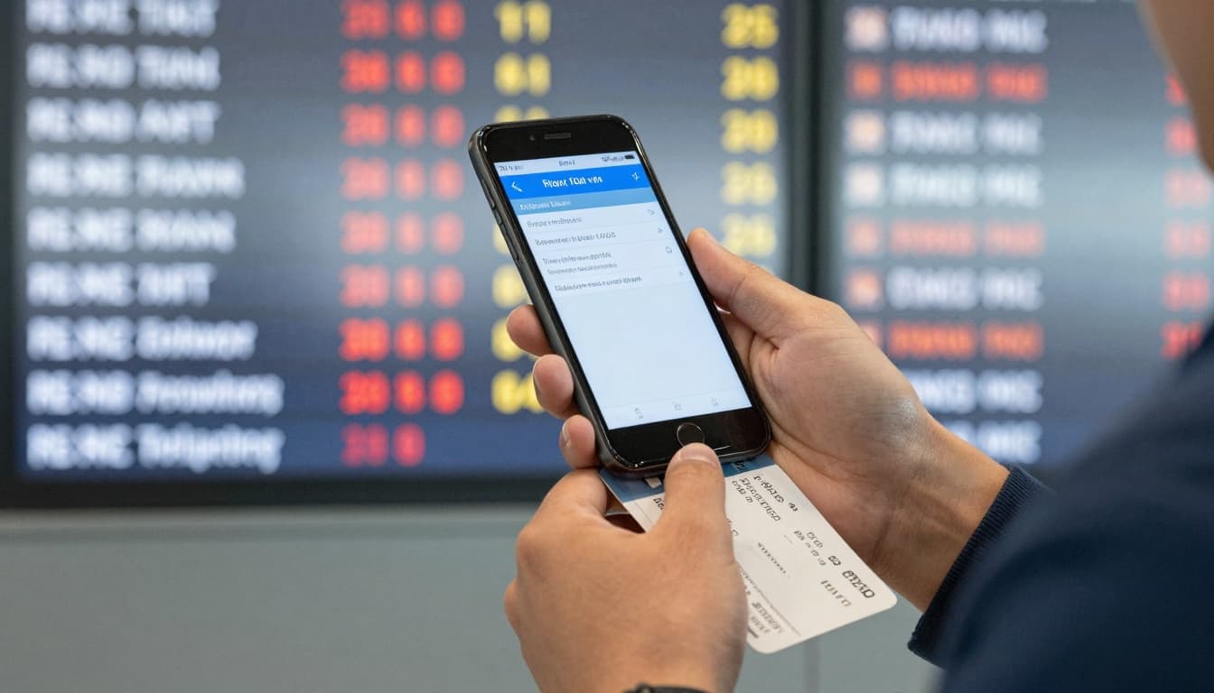 Traveler holding smartphone with flight delay alert near an airport departures board