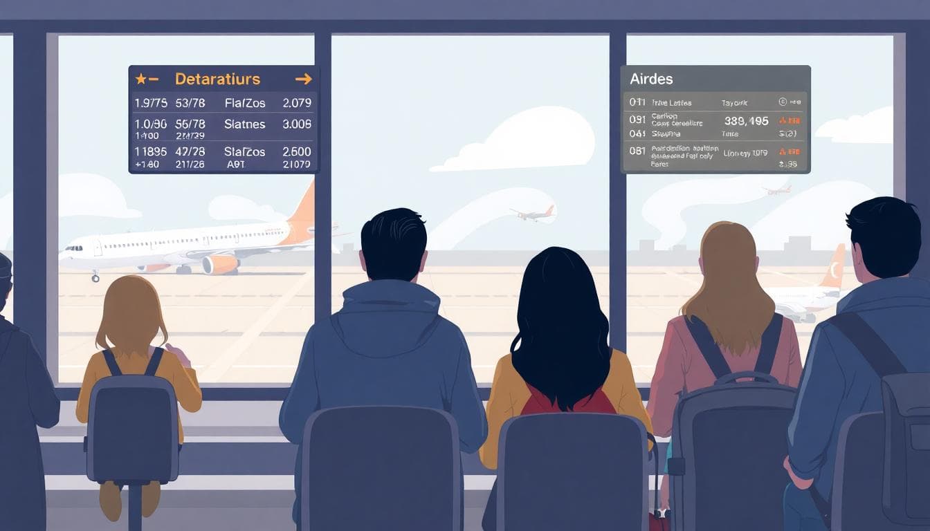 Passengers waiting calmly at an airport gate with an Airbus A320 visible outside the window