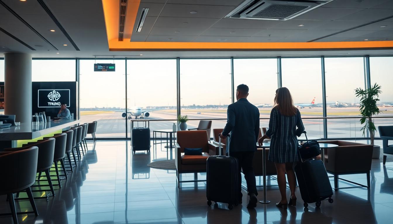 Stylish airport lounge with comfortable seating, bar, and runway view