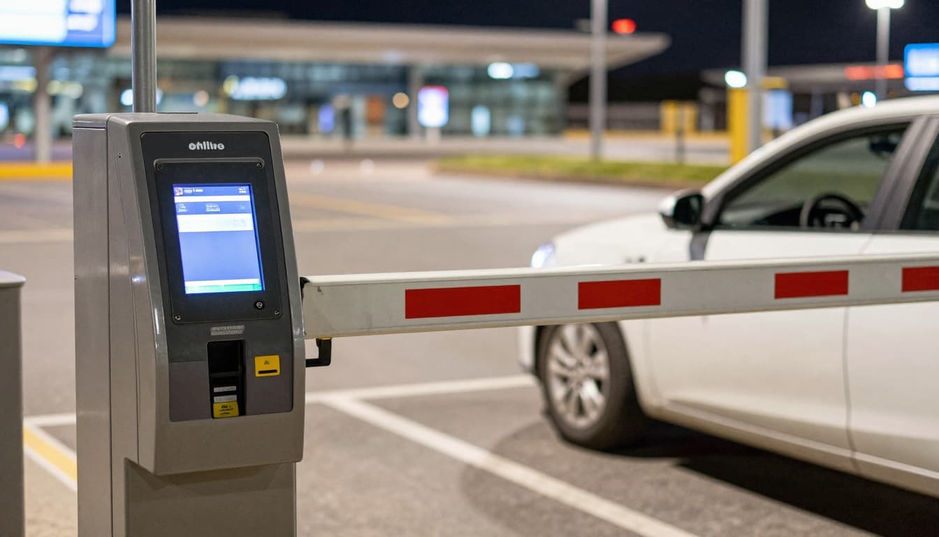 Car stopped at an airport parking exit payment machine at night