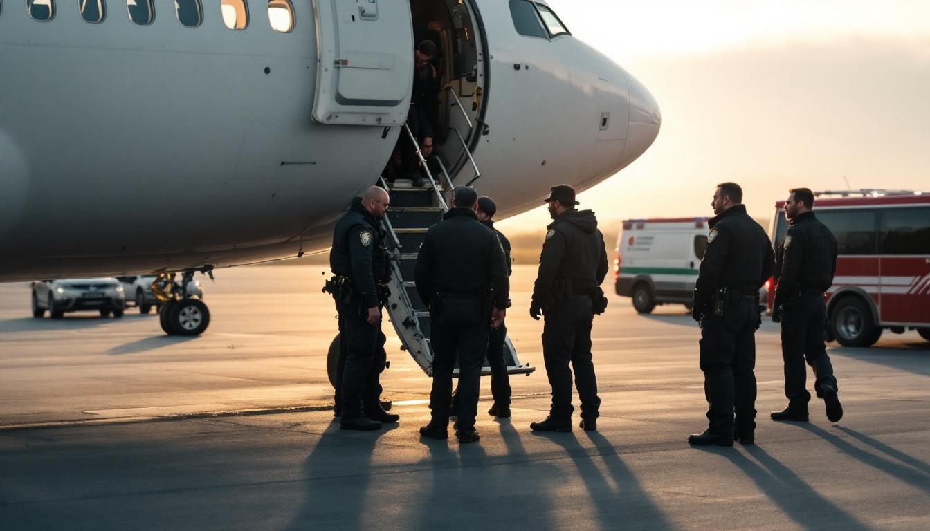 Airport police officers and paramedics on the tarmac, standing near a plane’s open door as crew members supervise a restrained passenger’s removal, emergency vehicles nearby, dawn light.
