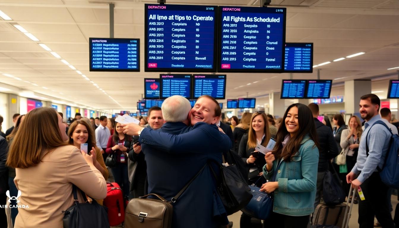 Image: Air Canada staff and passengers celebrate in the airport terminal