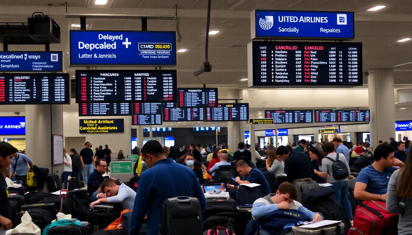 Busy airport terminal interior with stranded United Airlines passengers, arrivals and departures board with 'Delayed' and 'Cancelled' notices, people on luggage, evening lighting