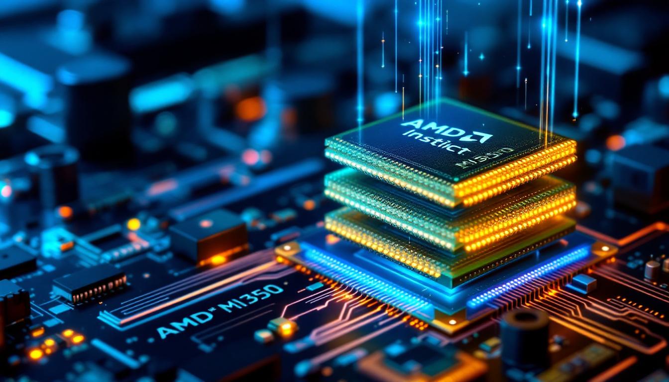 Inside image 1: Close-up of AMD Instinct MI350 chips stacked on a circuit board with digital streams indicating enhanced computing power. The AMD logo glows on the hardware, radiating innovation.