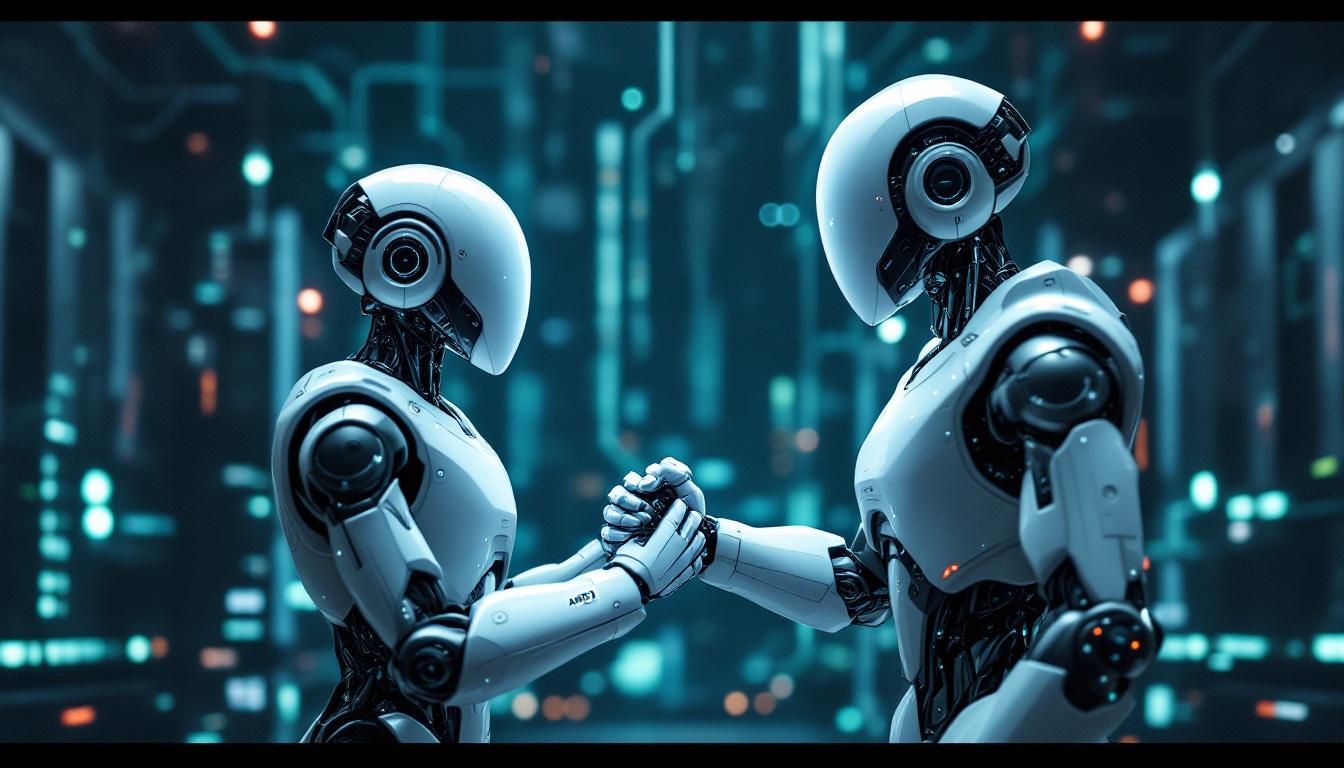 Inside image 3: Two futuristic robots, one marked AMD and the other Nvidia, shake hands against a background of supercomputers and AI chips, symbolizing close competition and progress in AI hardware.