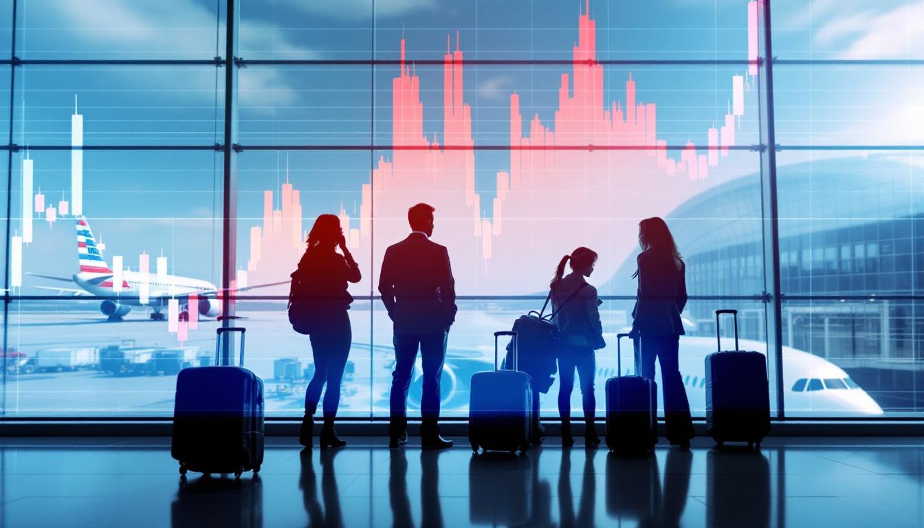 Inside image 1: A digital chart with American Airlines (AAL) stock price spiking, overlayed with airline passengers in an airport, suitcases and airplanes outside, blending stock data with real life.