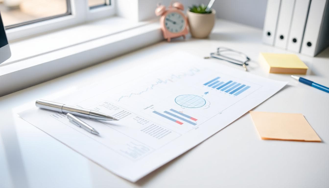 Analyst report with charts and pen on a clean desk