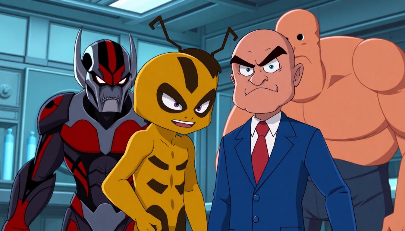 Image: Animated villains Ultron, Swarm, and Absorbing Man in a dramatic but kid-safe lab setting, looking mischievous.