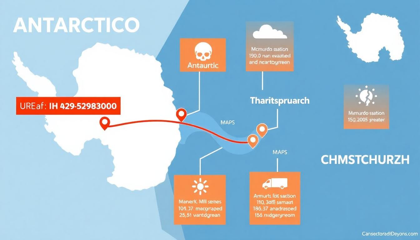 Daring Antarctic Rescue: Three Americans Airlifted After Medical Emergency at Research Station 4 Infographic shows Antarctic evacuation route from McMurdo Station to Christchurch, labels, weather icons, distance in miles, clear visual style